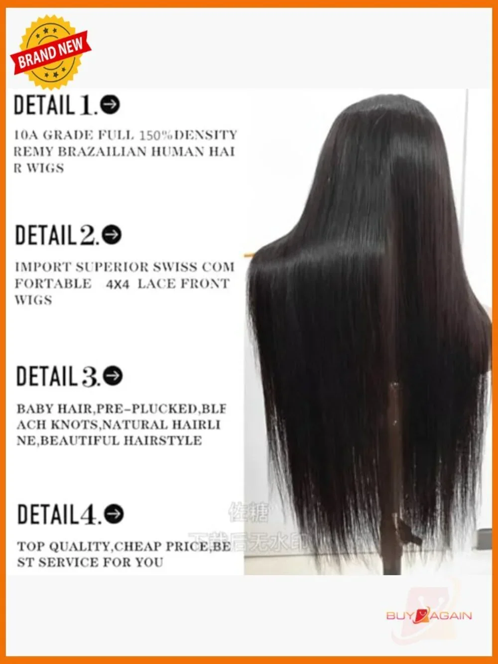 Glueless Lace Front Wig Brazilian Virgin Human Hair 24Inch 4x4 Closure